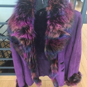 Custom Purple suede with multi color fox fur trim on the collar and sleeves.